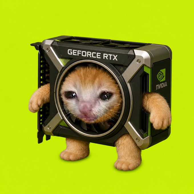 Illustration of a cat peeking out of an RTX graphics card shell